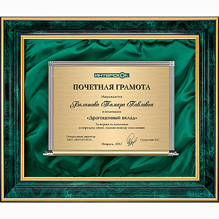 Плакетка в багете "Драгоценный вклад"